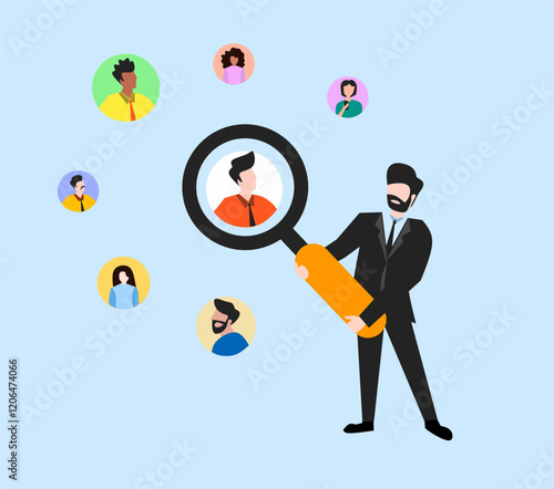 business man holding a magnifying glass hiring employee illustration for officer