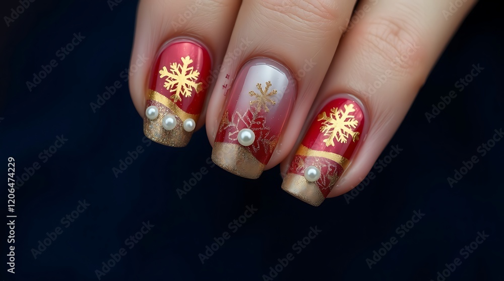 Festive red and gold Christmas nail art with snowflakes and pearls. Festive red and gold Christmas nail art with snowflakes and pearls.