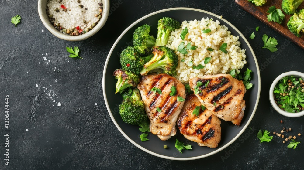 A low-carb dinner with chicken, featuring grilled chicken thighs, roasted broccoli A low-carb dinner with chicken, featuring grilled chicken thighs, roasted broccoli