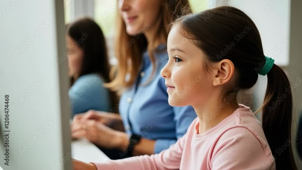 Joyful Education: Young Girl Engaged in Learning at a Computer with Her Mother, Showcasing Bonding and Interactive Learning Environment Joyful Education: Young Girl Engaged in Learning at a Computer with Her Mother, Showcasing Bonding and Interactive Learning Environment
