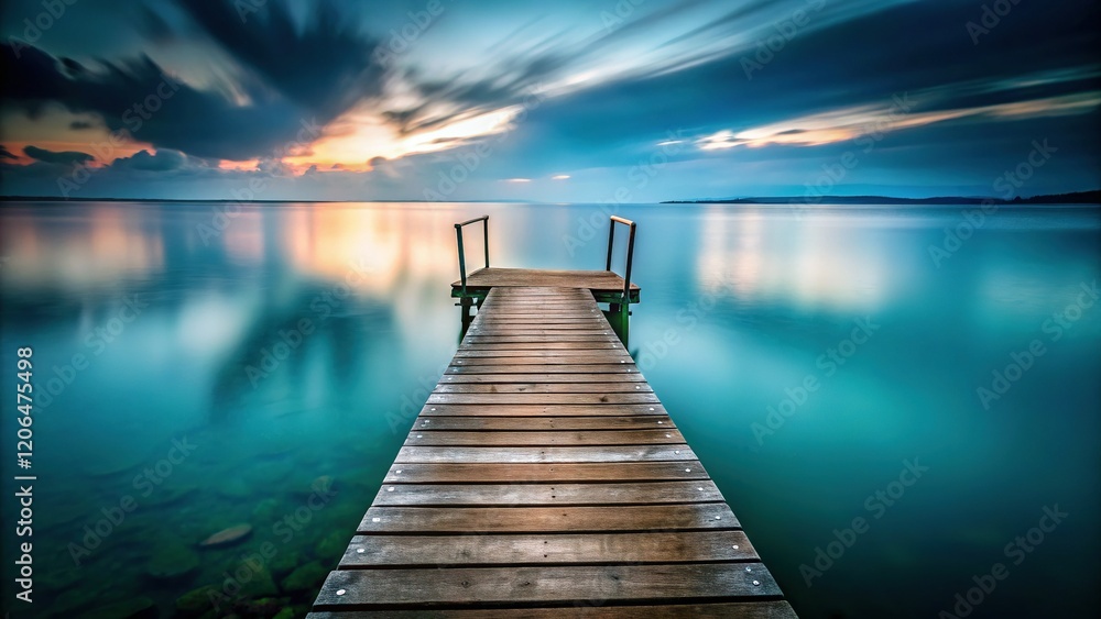 Fototapeta premium Serene Empty Dock: Long Exposure Pier with Ladder, Abstract Background, Copy Space
