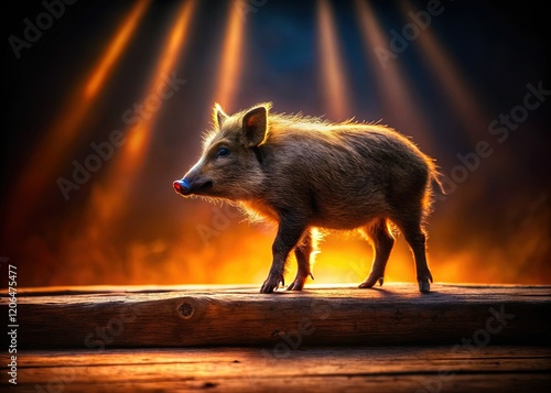 Silhouette of a Small Boar on Wooden Plank - Wildlife Stock Photo