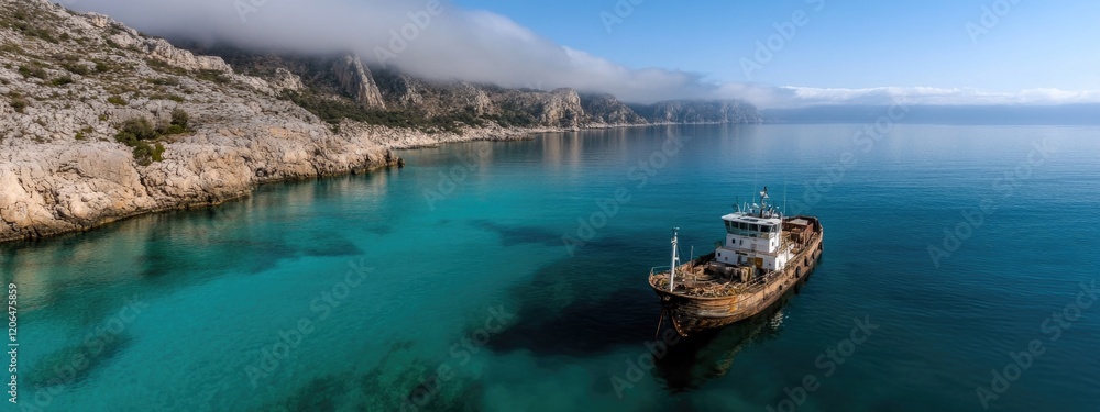 Obraz premium A shipwreck is anchored in turquoise waters close to rocky cliffs, set against a backdrop of gentle clouds above the serene coastal landscape during daylight