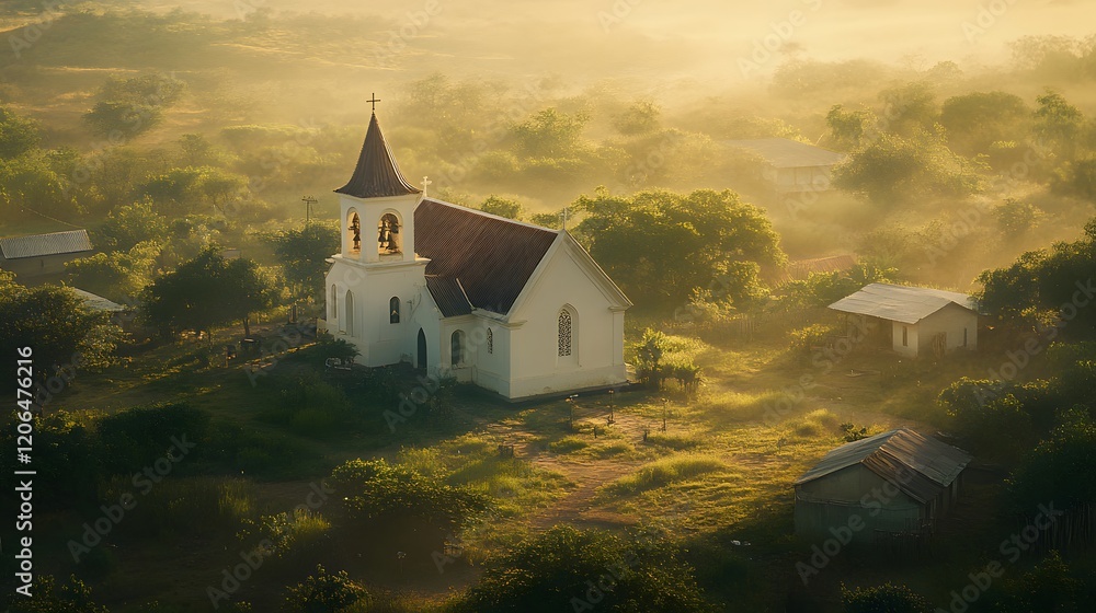 Obraz premium White Church In Misty Morning Sunlight Village Scene