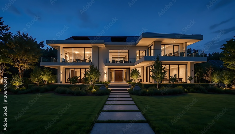 Modern Two Story Home Illuminated At Night Modern Two Story Home Illuminated At Night