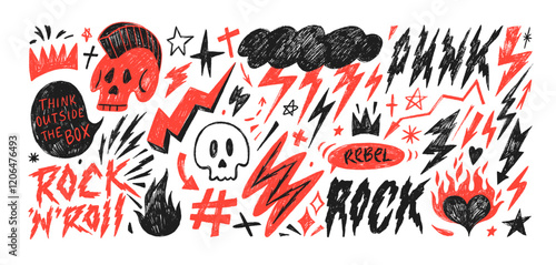 Funky punk crayon drawn shapes and stickers. Rock style doodle collection with pencil texture. Lightning, skulls, flames and rebel phrases. Red vector elements in punk grunge style.