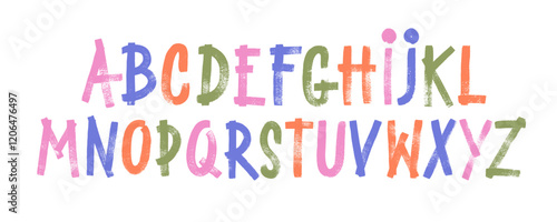 Funky grunge alphabet letters drawn with a bold brush. Colorful childish style typography.