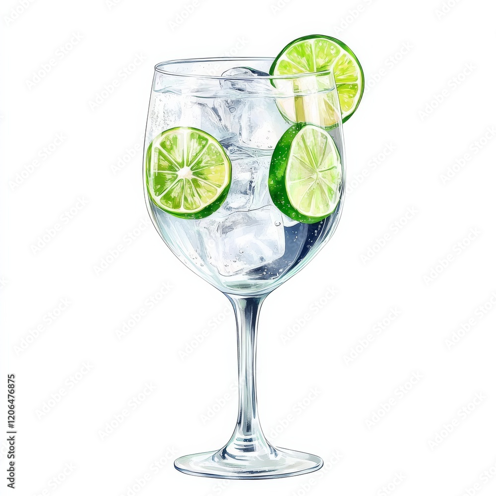 A refreshing gin and tonic with lime slices, placed on an isolated white background, realism art style A refreshing gin and tonic with lime slices, placed on an isolated white background, realism art style
