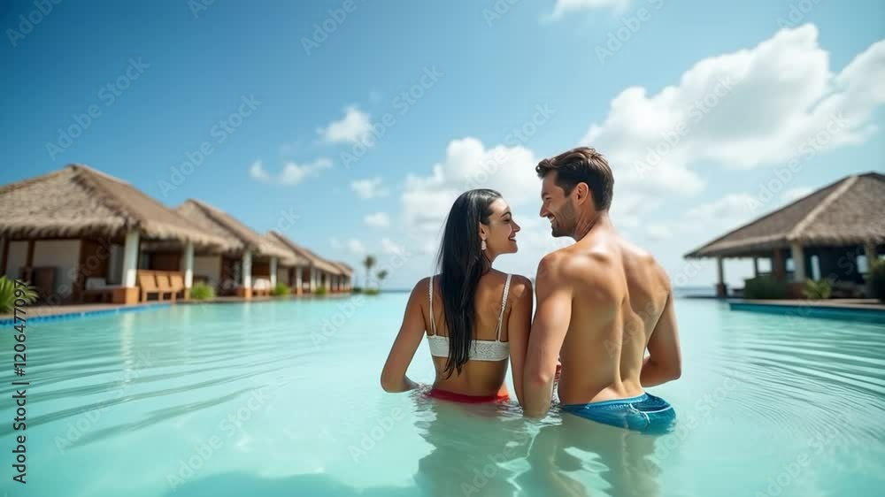 Romantic Couple Enjoying a Tropical Paradise at a Resort Poolside, Surrounded by Lush Palm Trees and Clear Blue Skies Romantic Couple Enjoying a Tropical Paradise at a Resort Poolside, Surrounded by Lush Palm Trees and Clear Blue Skies