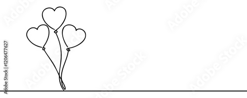Heart balloons drawing with one continuous line. Cute symbol love. Hand draw outline isolated on white background. Drawing line art prints. Wedding or valentines day design. Vector illustration