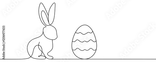 Linear Vector illustration continuous one line drawing of Happy Easter Bunny and egg. Cute rabbit silhouette simple minimalistic style for spring design greeting card and web banner
