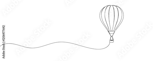 Hot air balloon in One continuous line drawing. Travel flying on aerostat in sky logo and divider concept in simple linear style. Editable stroke. Doodle vector illustration