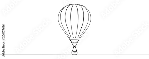 Hot air balloon in One continuous line drawing. Travel flying on aerostat in sky logo and divider concept in simple linear style. Editable stroke. Doodle vector illustration