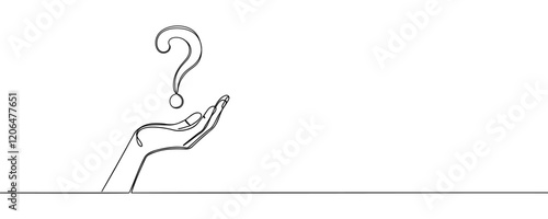 Question mark in a hand one line art, hand drawn asking signs, continuous contour. Query FAQ concept, finding the answer. Isolated. Vector illustration
