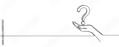 Question mark in a hand one line art, hand drawn asking signs, continuous contour. Query FAQ concept, finding the answer. Isolated. Vector illustration