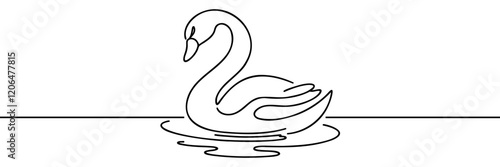 Single continuous line drawing a swan is gracefully swimming in a wetland.