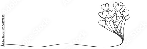 Heart balloons drawing with one continuous line. Cute symbol love. Hand draw outline isolated on white background. Drawing line art prints. Wedding or valentines day design. Vector illustration