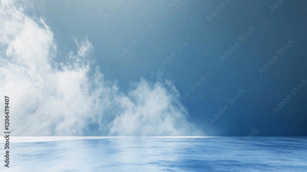 Obraz premium Light blue studio background with clouds and floor reflecting sky