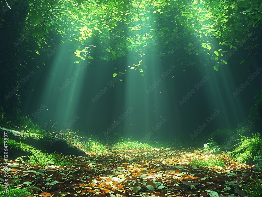 Obraz premium Rainforest floor covered with fallen leaves fungi and decaying logs teeming with insects and small creatures in the dim light beneath the towering canopy