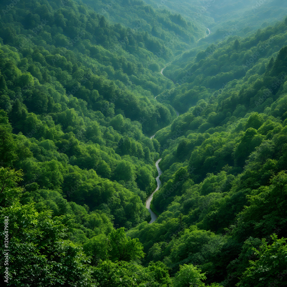 Fototapeta premium Breathtaking View of a Serene Green Valley with Meandering River Amidst Lush Foliage