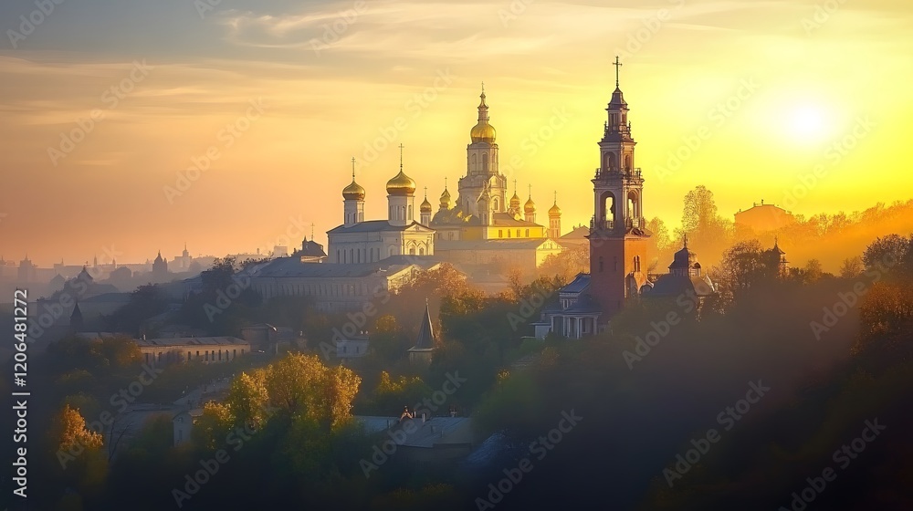 Fototapeta premium Golden Sunset Over a Hilltop Monastery Complex