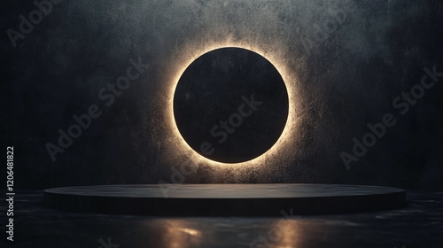 Empty round podium illuminated by backlit circle on dark concrete wall in studio