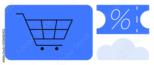 Shopping cart on a blue background next to a discount coupon and a cloud. Ideal for e-commerce, online shopping, digital marketing, promotions, sales, customer engagement, economic concepts. Abstract