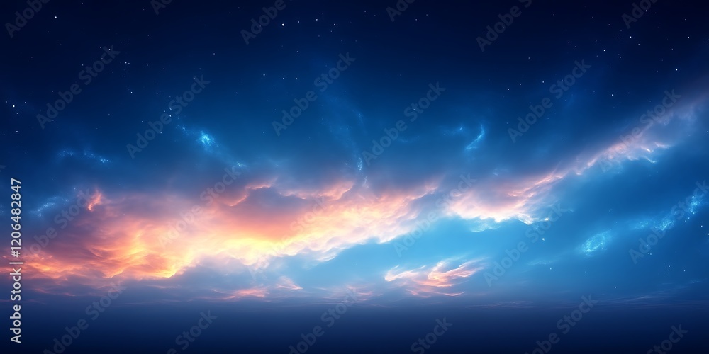 Naklejka premium Dramatic twilight sky with vibrant clouds and stars.