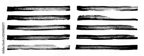 Bold straight brush strokes collection. Rough grunge thick paint lines. Hand drawn black stripes, thick smears.