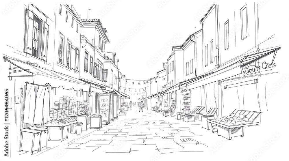 Sketch of a narrow cobblestone street lined with shops and buildings. Sketch of a narrow cobblestone street lined with shops and buildings.