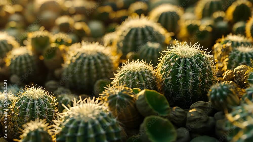 Sunlight illuminates a vibrant cactus garden showcasing diverse shapes and textures in the late afternoon Sunlight illuminates a vibrant cactus garden showcasing diverse shapes and textures in the late afternoon