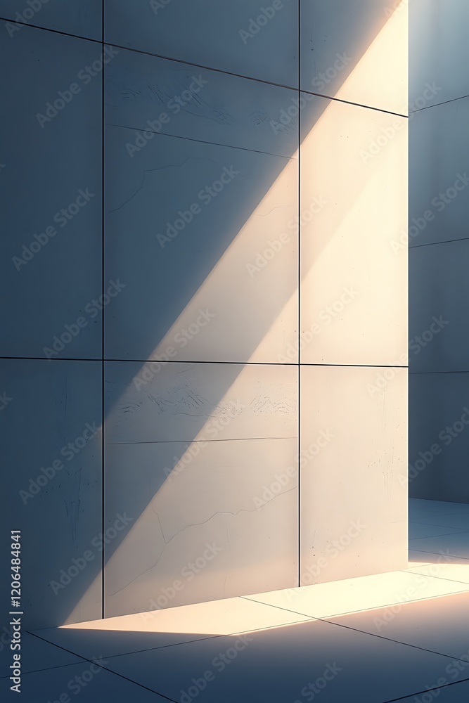 Obraz premium Sunlight illuminates a modern, minimalist room with tiled walls.