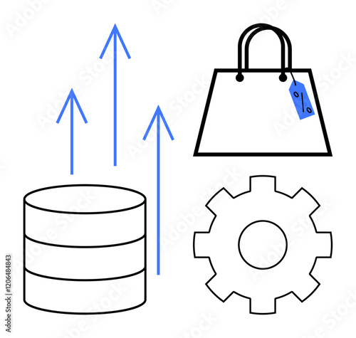 Database symbol with upward arrows, shopping bag with tag, and cogwheel. Ideal for data management, e-commerce growth, operational efficiency, market trends, business development, technological