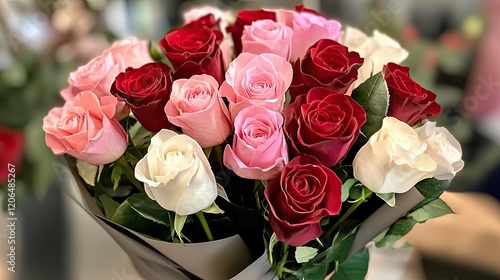 A Bouquet of Roses in Pink Red and White Hues