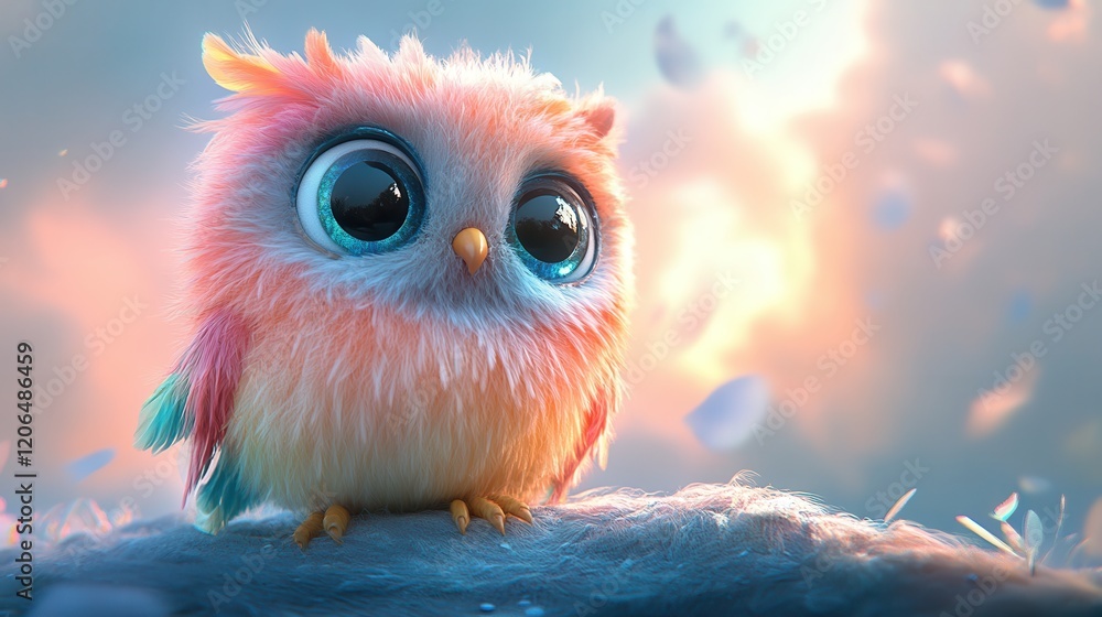 Adorable Fluffy Owl with Big Eyes Perched on a Soft Surface Against a Dreamy Pastel Sky Background Adorable Fluffy Owl with Big Eyes Perched on a Soft Surface Against a Dreamy Pastel Sky Background