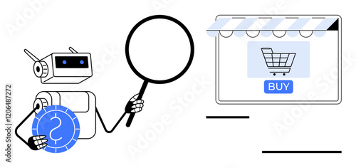 Robot with magnifying glass inspecting online shopping site with shopping cart and buy button, holding currency coin. Ideal for e-commerce, AI, online shopping, financial analysis, automation