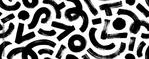Bold geometric brush strokes and squiggles seamless banner background. Hand drawn punk and grunge seamless pattern with curved strokes.