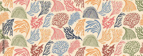 Retro colored coral reef or seaweeds vector seamless pattern. Hand drawn linear underwater plants, naive corals and algae.