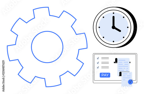 Gear beside a clock and a payment receipt signify efficiency, time management, and financial transactions. Ideal for business efficiency, productivity, operations, automation, time tracking