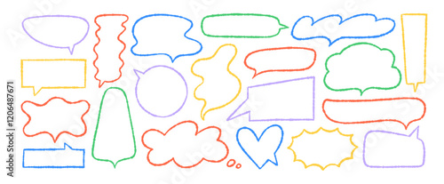 Colorful chalk pencil speech bubbles doodle set. Crayon drawn speech bubble frames with rough outline. Doodle childish bubbles. Clouds, heart, circle and rectangle shapes. Communication frames.