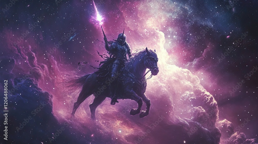 Cosmic Knight Rides Celestial Steed Through Nebula Cosmic Knight Rides Celestial Steed Through Nebula