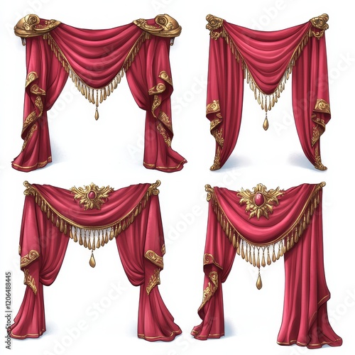 Four variations of luxurious red curtains with gold accents.