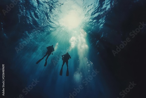 Two scuba divers silhouetted against sunlit ocean surface. photo