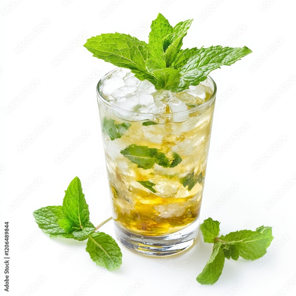 A refreshing mint julep with crushed ice and mint sprig, positioned against an isolated white background, fauvism art style