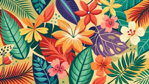 Wallpaper Mural Tropical Floral Fiesta: A vibrant explosion of color, featuring a lush array of tropical flowers and leaves in a lively, hand-drawn style. Perfect for adding a touch of paradise to any design. Torontodigital.ca