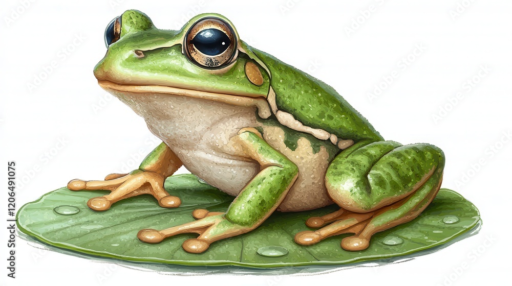 Obraz premium Vibrant Green Tree Frog Resting on a Dewy Lily Pad