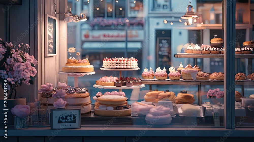 Obraz premium Delicious Cakes And Pastries Displayed In A Bakery Window