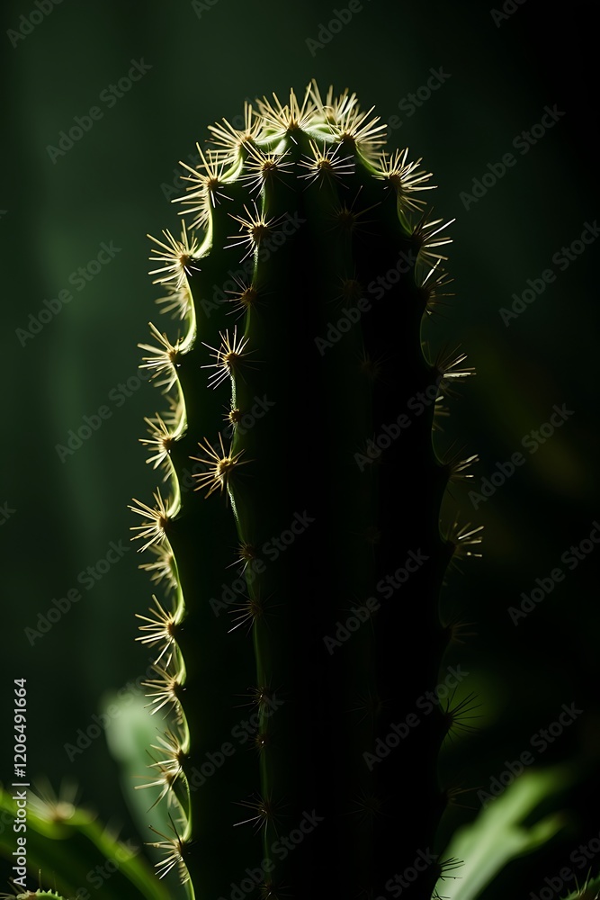 Naklejka premium Close-up of a cactus with spines against a dark background.