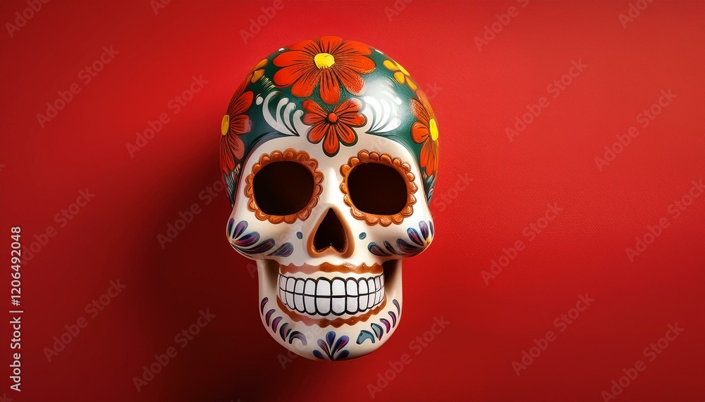 Mexican skull with floral pattern drawing isolated on red background Mexican skull with floral pattern drawing isolated on red background