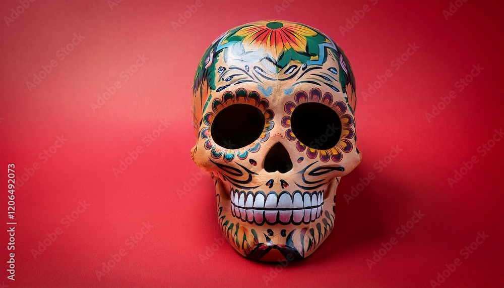 Mexican skull with floral pattern drawing isolated on red background Mexican skull with floral pattern drawing isolated on red background